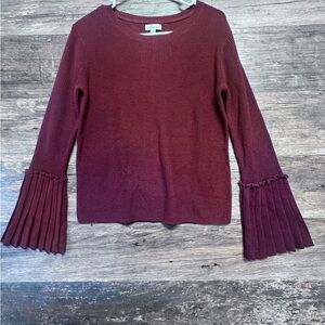Olivia Warren Maroon Crew Neck Sweater with Dramatic Pleated Bell Sleeves